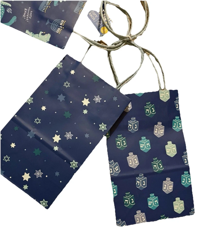 Bolsas de regalo Hanukkah 12 piezas - con impresiones de menorá, dreidel, dinosaurio y rayas 8x3x5 Foto 4 de 4