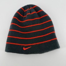 Nike Youth Beanie Gray Orange Stripe Embroidered Swoosh Winter Hat