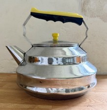 1950s Vintage Chrome Stove Kettle Famo Yellow Black Handle French 2.2 litres