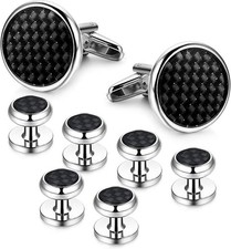 High Polish Black Carbon Fiber 8-Piece Men's Cufflinks  Studs Set - Gift Ready