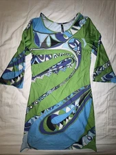 White Mark Couture Collection Dress Women's Large, Green Blue Geometric Design