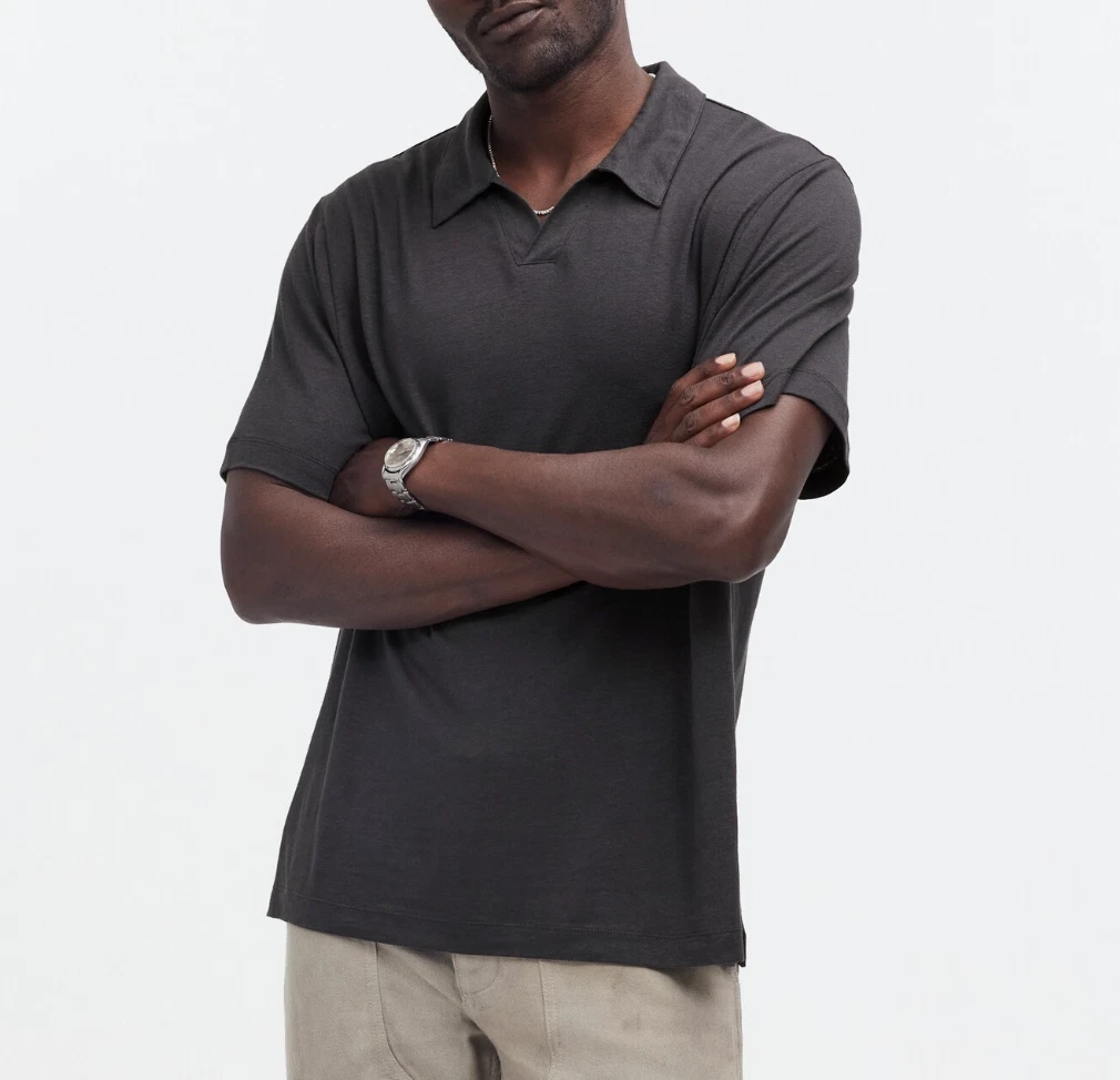 Madewell Men's Black Coal Linen-Blend Johnny-Collar Knit Polo Shirt Sz M