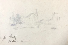 Antique drawing, village, pencil sketch, signed? 19th