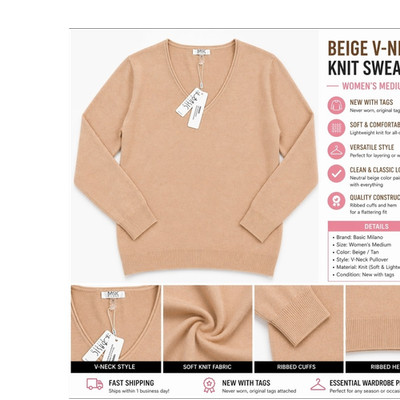 Basic Milano Beige Knit V-Neck Pullover Sweater Medium Soft Ribbed Cuffs Hem