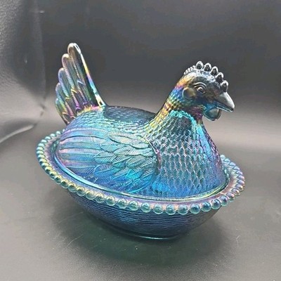 Blue Iridescent Glass Hen on Nest Covered Dish Carnival Glass Farm