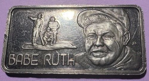 BABE RUTH Yankees HOF’er 1 TROY OZ .999 FINE SILVER Bar 1974 Hamilton Mint ⚾️⭐️