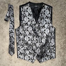 Men's Black Silver Paisley Formal Dress Vest Waistcoat w/ Matching Tie, Size S