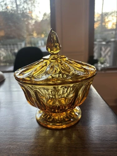 Anchor Hocking Amber Glass  Compote Candy Dish W/Lid Pedestal vintage MCM