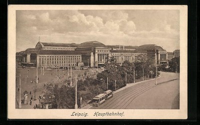 Ansichtskarte Leipzig, Hauptbahnhof mit Strassenbahn aus der Vogelschau 