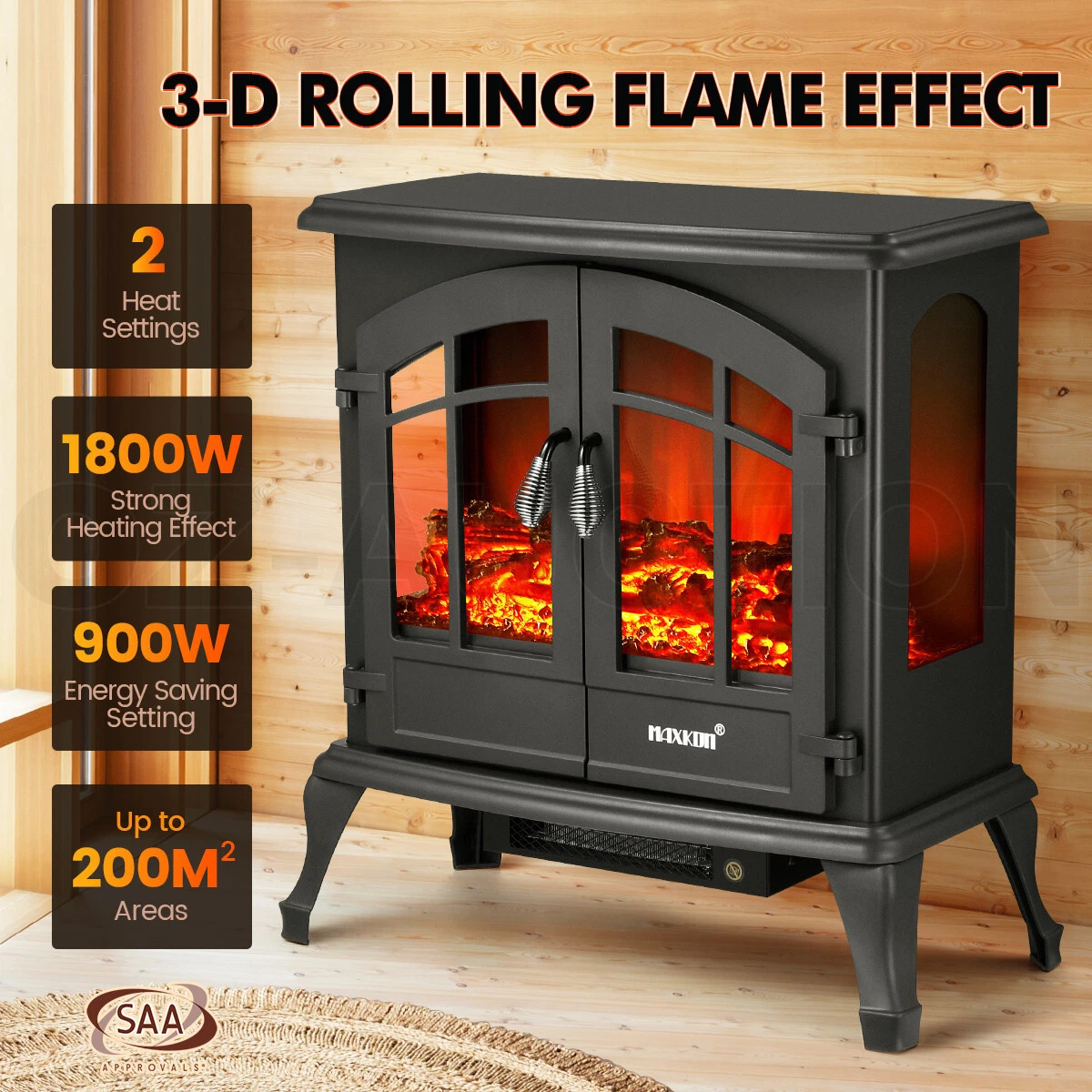 Maxkon 1800W Electric Fireplace Stove 3D Rolling Heater Thermostat  Freestanding | eBay