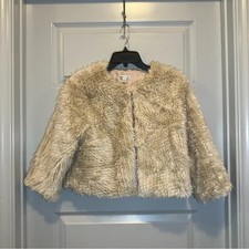 Rebecca Elliot Cream/tan Faux Fur Cropped 3/4 Sleeve Jacket Size S