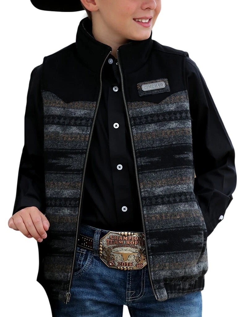 Cinch Western Vest Boys Lined Logo Zipper Match Dad Black MWV5050002