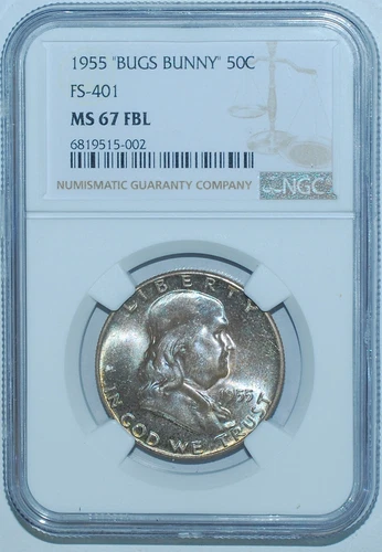 1955 NGC MS67FBL FS-401 Bugs Bunny Clash Full Bell Lines Franklin Half Dollar