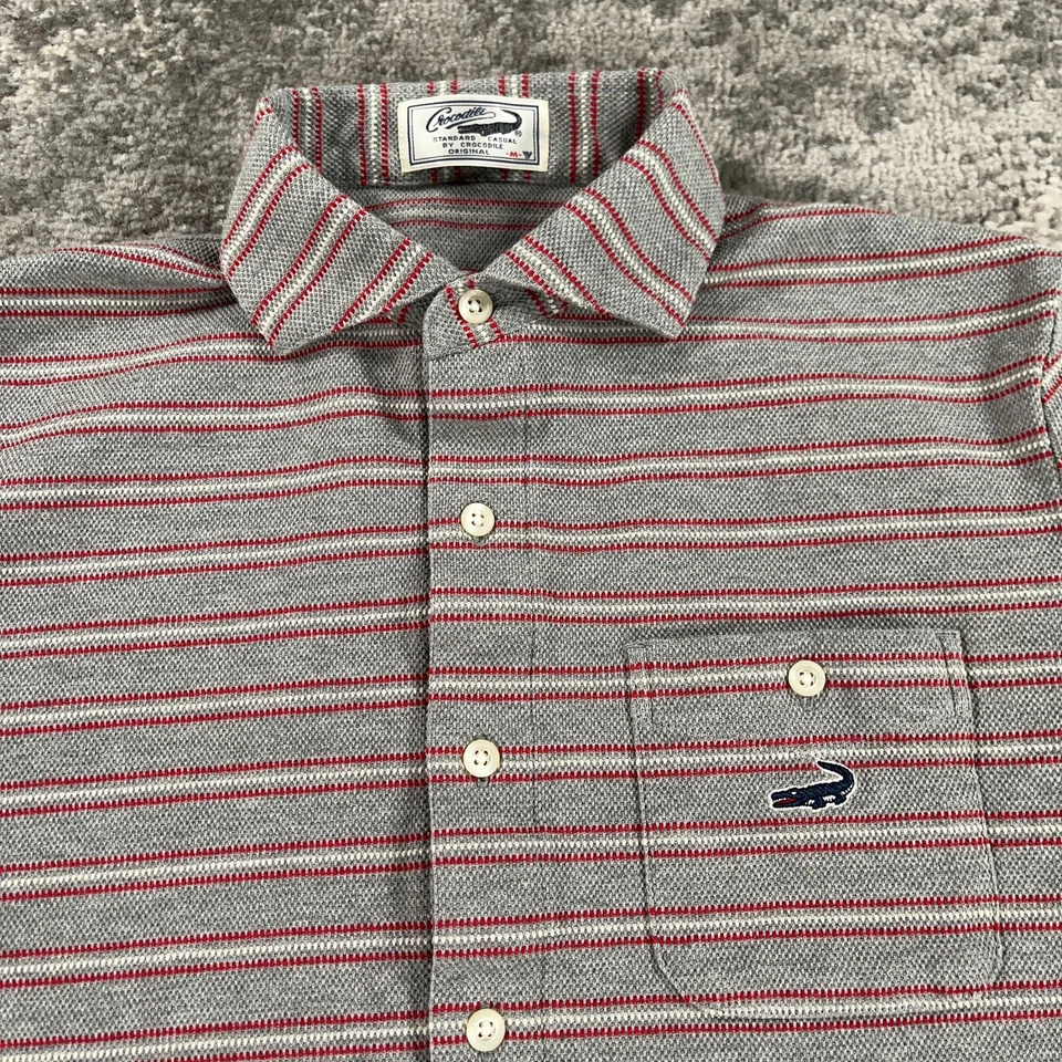 Винтажная мужская рубашка с крокодилом средний размер M серая красная в полоску вязаная 80-е 90-е Япония - Изображение 2 из 4