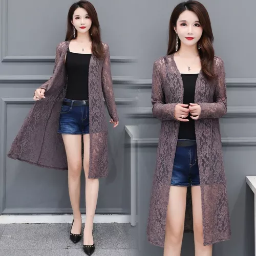Women Lace Kimono Cardigan Sheer Floral Midi Shawl Jacket Open Front Robe - Picture 16 of 21