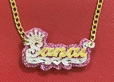 PERSONALIZED 14K GP 3D  SCRIPT NAME PLATE NECKLACE ANY NAME WITH ONYX /z1
