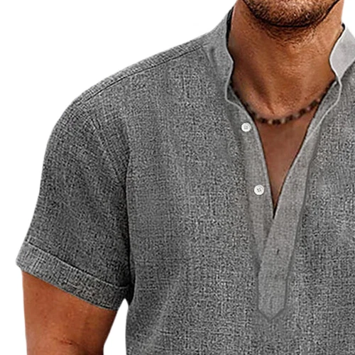 Mens Linen Shirts Summer Short Sleeve Tops V Neck Loose Casual Button Blouse ## - Picture 7 of 55