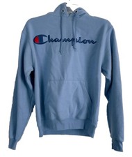 EUC Champion Hoodie Small Blue Women  s Pullover Classic Script Logo Sweatshirt