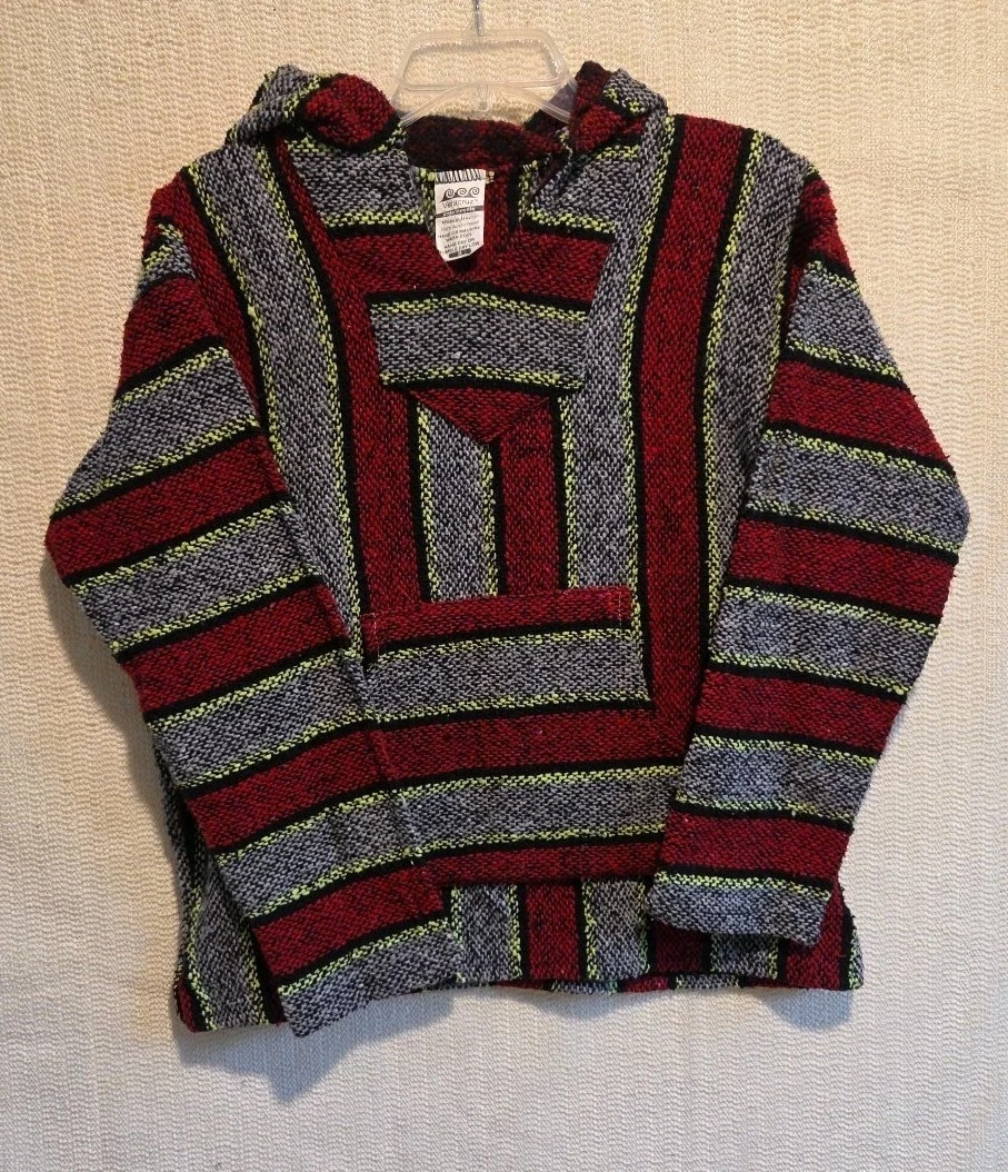 Veracruz Baja Hoodie Jacket M Mexican Poncho Drug Rug Stripe Boho Festival