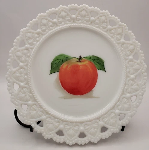 Vintage Kemple Lace Edge Milk Glass Plates with Hand Painted Fruit