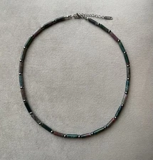 INDIAN AGATE & Hematite Tube Cylinder Beads Unisex Necklace 18” Stainless Steel