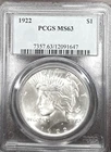 1922-P $1 PCGS MS63  PEACE SILVER DOLLAR - MS63 - Bright White - 1922 P - #P234