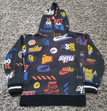 Nike Hoodie Boys Small Black All Over Logo Print Sweatshirt Pullover