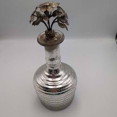 Vintage Style Mercury Glass Decorative Bottle Metal Floral Stopper Silver Home