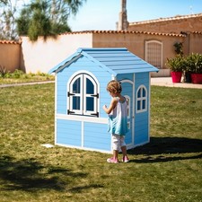 Blue Wooden Playhouse for Kids with Windows and Door Outdoor Toy House