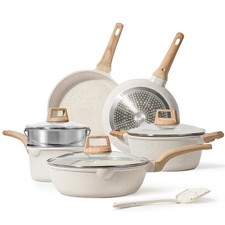 CAROTE Pots and Pans Set Nonstick, White Granite 10 Piece, Cream