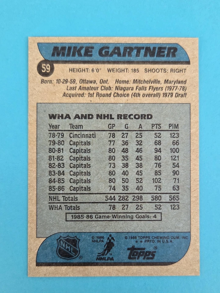 1986-87 Topps #59 Mike Gartner Washington Capitals HOCKEY Card 2F - Image 2 of 2