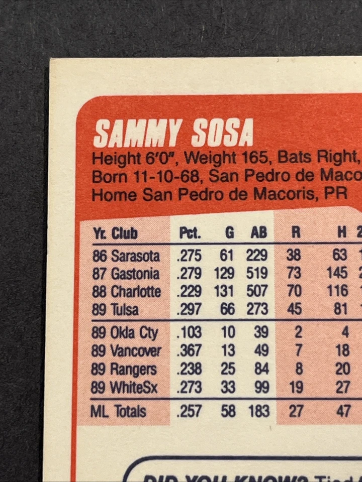 Tarjeta de novato Fleer 1990 - Sammy Sosa #548... error... fecha de nacimiento incorrecta Foto 3 de 3