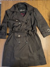 Vtg Guess Women Xl Black Trench Coat Double Breasted Belt Crop Sleeve   Swing 