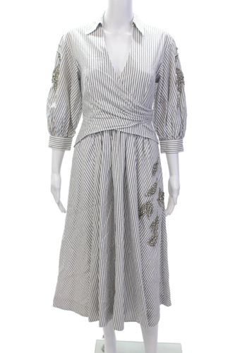 Cinq à Sept Damen Baumwolle gestreift Kragen Langarm Shirt Kleid weiß Größe 0