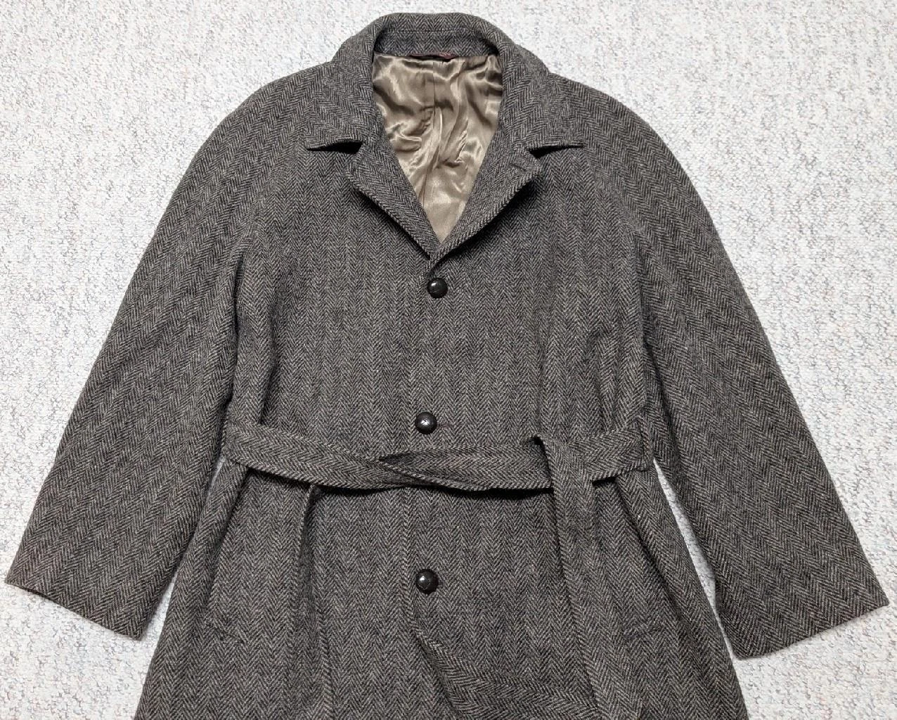 vintage USA made NORDSTROM herringbone TWEED overcoat 44L brown BELTED wool image 12