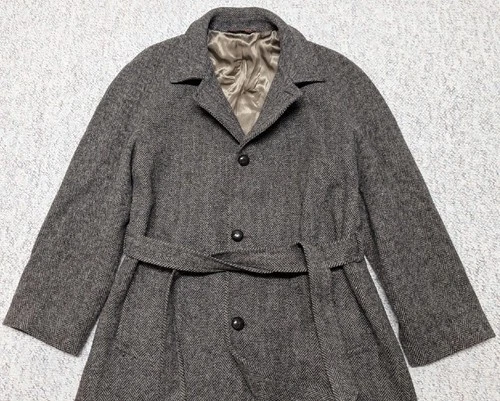 vintage USA made NORDSTROM herringbone TWEED overcoat 44L brown BELTED wool image 12