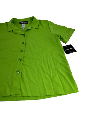 シャツ Women's Sag Harbor Bright Green Button Short Sleeve Top Blouse