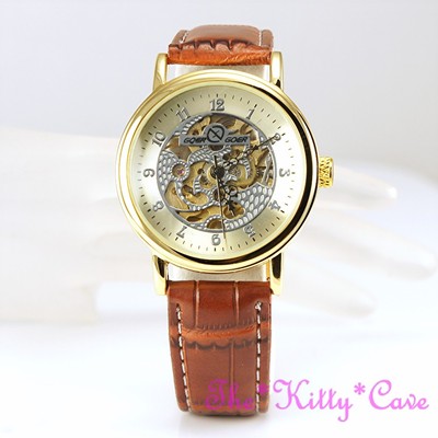 Gold mechanische hohle Skelett Steampunk hellbraun Leder traditionelle Aufziehuhr