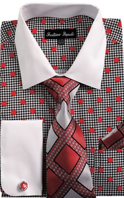 Camicia Elegante Uomo Fortino A Pois Con Gemelli, Cravatta E Pochette In Tinta – Taglie Forti