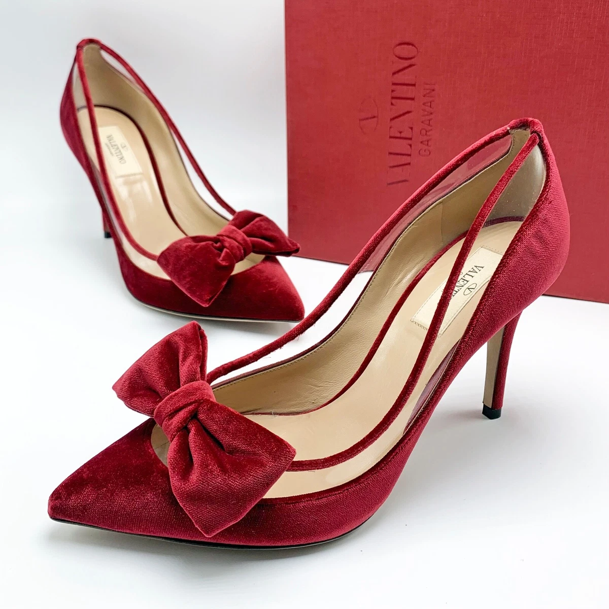 $895 Valentino Bow Embellished PVC Trimmed Pointed Toe Velvet Pumps Rubino | eBay