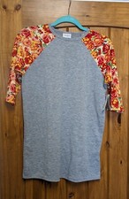LuLaRoe Sloan Shirt Size 14 Gray Body W Yellow Floral Roses Baseball Tee T-Shirt