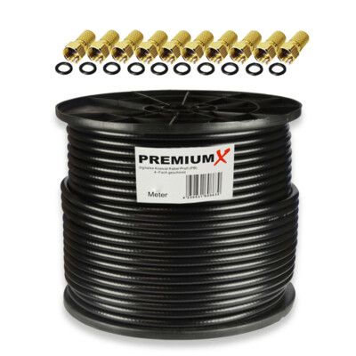 PremiumX 100m 135dB Koaxialkabel schwarz REINES KUPFER SAT Kabel Antennenkabel