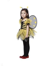 Halloween Girls Bumblebee Costume Set w/ Dress, Headband, Wings, Size Medium
