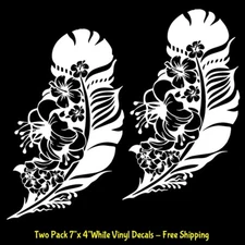 Hibiscus Hawaiian Flower Botanical Feather 2 Pk 7" White Vinyl Decals Car Window