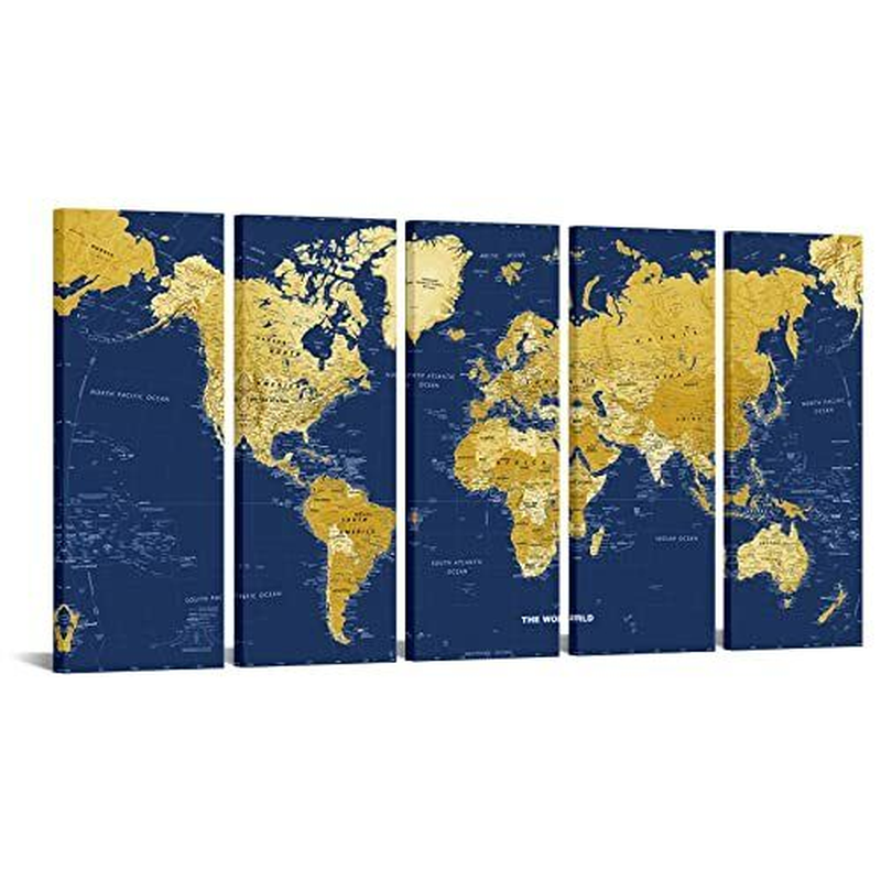 5 Panel Blue and Gold World Map Wall Art Abstract Prints Paintings on