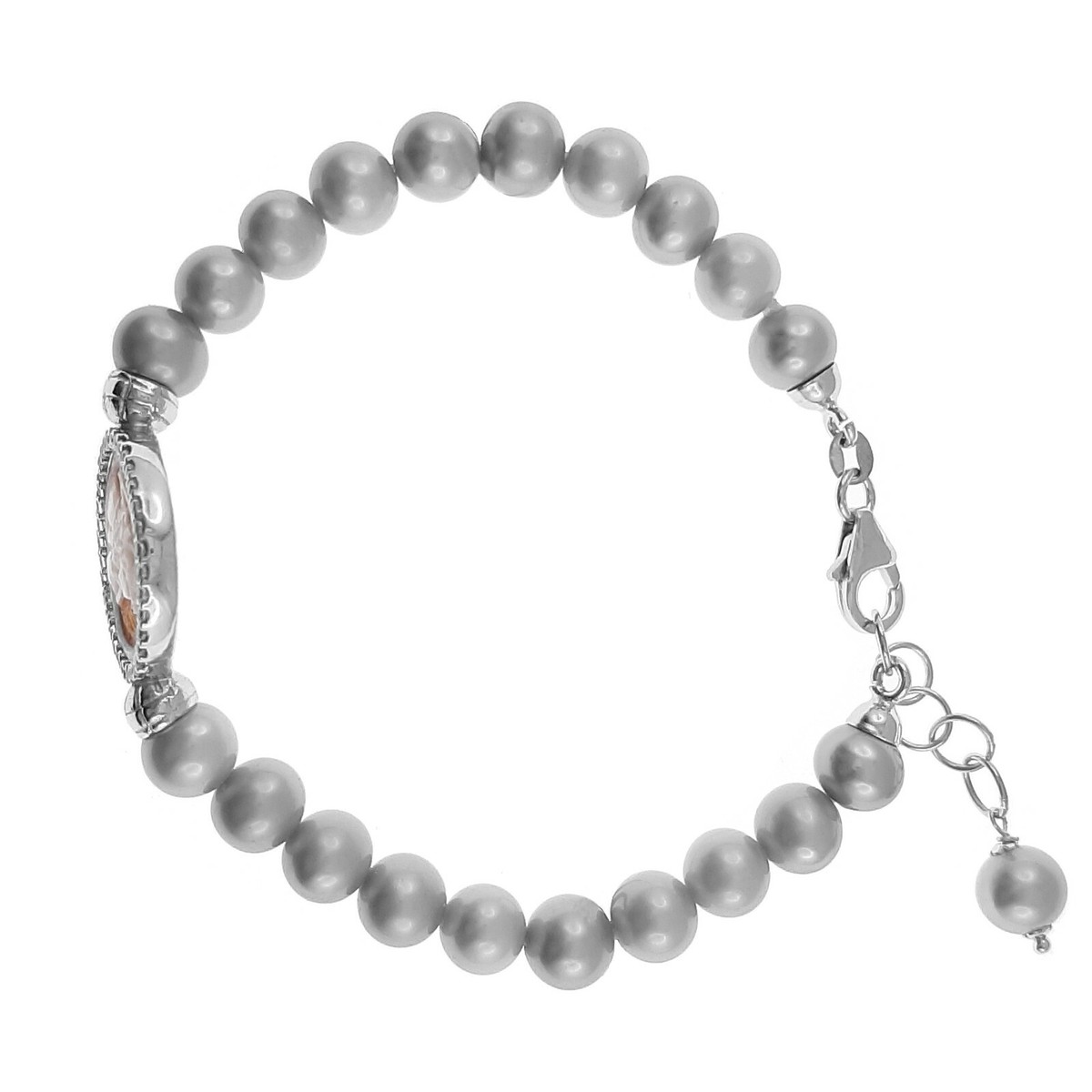 Bracelet Camée En Argent Rhodié Avec Perles Grises Et Zircon - Longueur Ajustable, Neuf Avec étiquettes