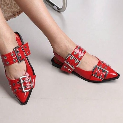 Flache Damenschuhe mit Schnalle, Zehen-Ballerinas spitz zulaufend breit flach Mary Jane flach - Bild 3 von 3