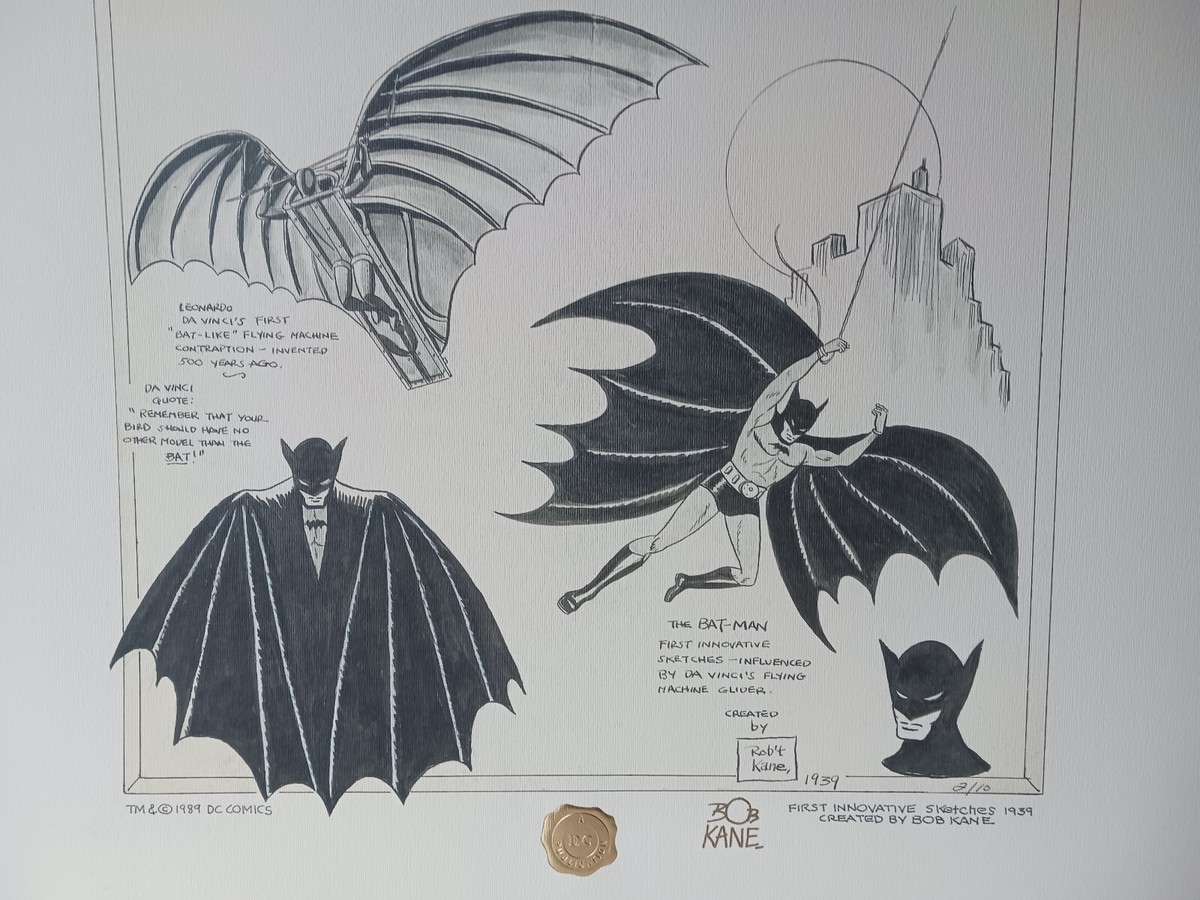 BATMAN DAVINCI BOB KANE SIGNED CONCEPT ART COA UNCUT WARNER