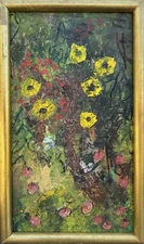 Expressionist Modern Oil Painting Still Life Yellow and Red Flowers Danish Midcentury