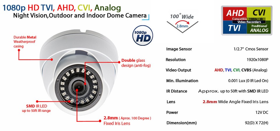Evertech 4x 1080p CCTV HD Night Security Dome Camera AHD TVI CVI Analog ...